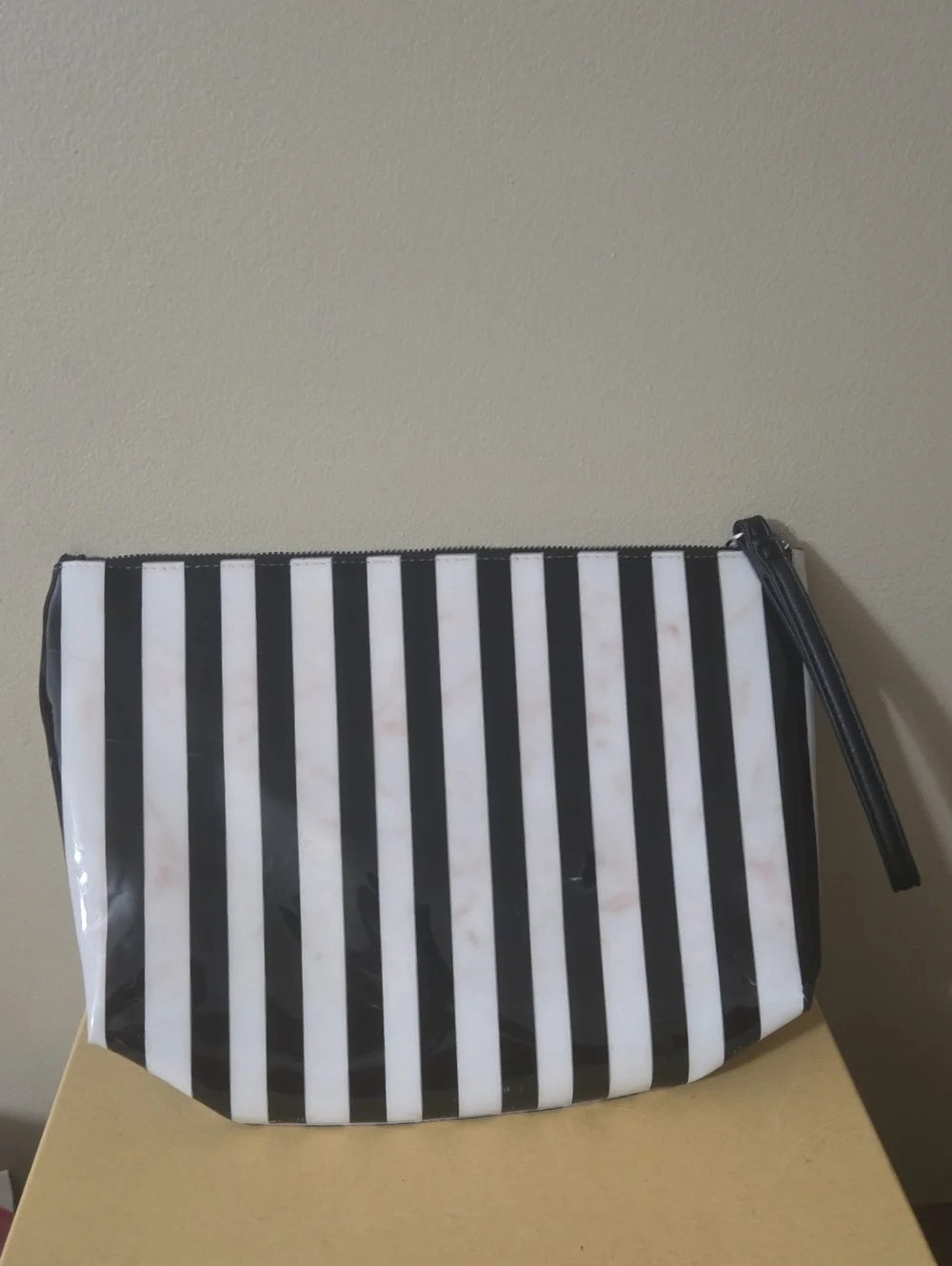 Betsey Johnson Black & White Striped Cat Pouch with Pink Bow
